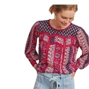 Maeve for Anthropologie Red Blue Gretchen Patchwork Boho Long Sleeve Blouse S
